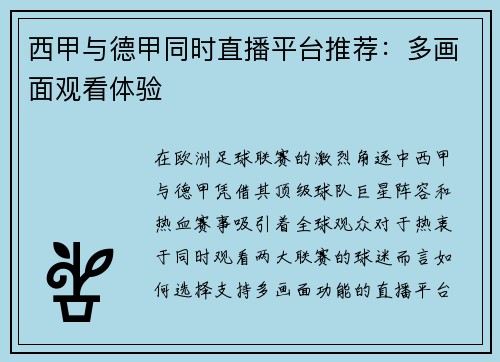 西甲与德甲同时直播平台推荐：多画面观看体验
